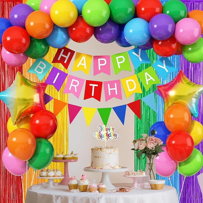 Jobkoo Rainbow Birthday Decorations for Kids, Colorful Party Decor Assorted Color Latex Foil Balloons Fringe Backdrop Happy Birthday Banner Cake Toppers for Boys Girls Carnival Circus Party Supplies