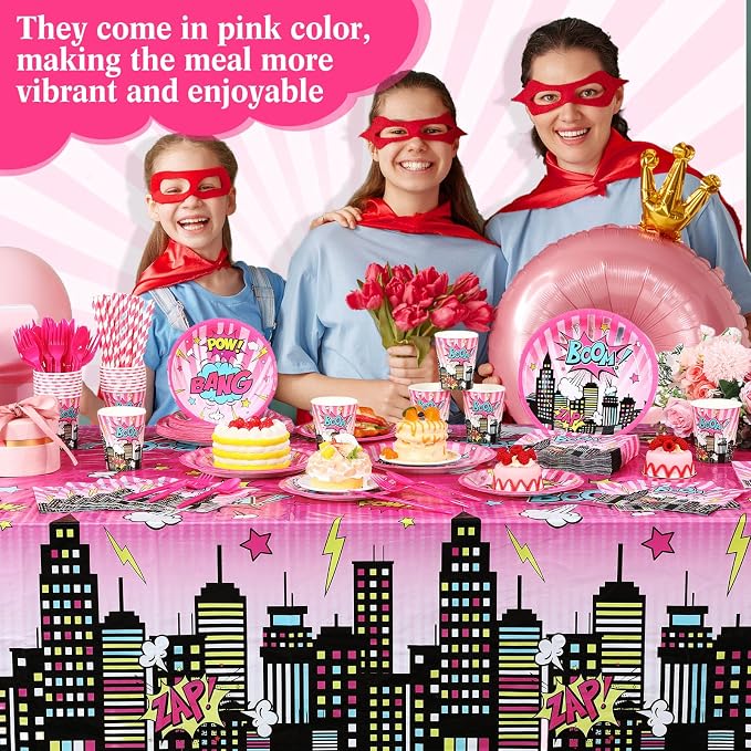 Potchen 452 Pcs Party Supplies Serve 50 Guests, Paper Plates Napkins Cups Cutlery Plastic Tablecloth Dinnerware for Birthday Wedding Party Decoration (Bright Pink, Hero)