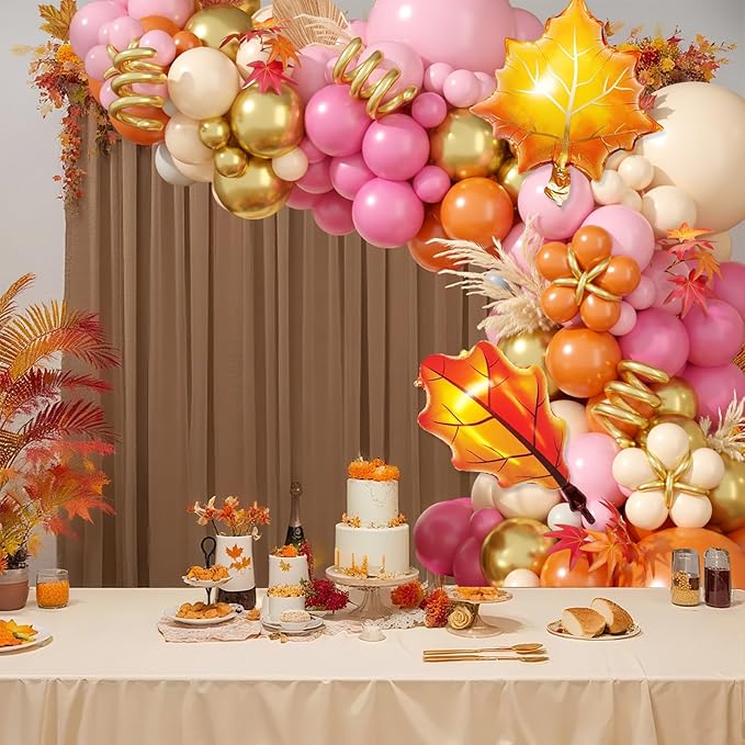 Fall Balloon Arch Kit, Thanksgiving Balloon Garland with Hot Pink Orange Gold Balloons with Leaf Foil Balloons for Thanksgiving Autumn Fall Birthday Baby Shower Party Decorations