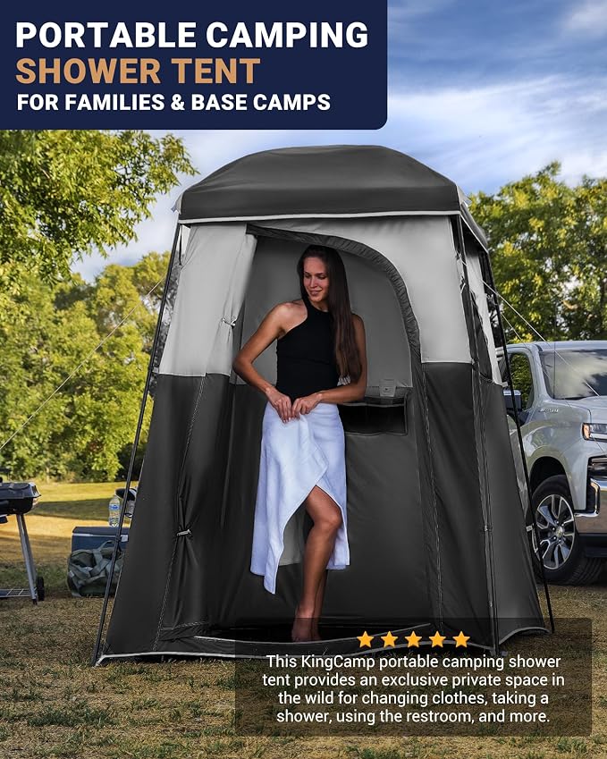 KingCamp Camping Shower Tent, Portable Outdoor Privacy Toilet & Changing Tent Windproof & Waterproof Easy Setup Shelter with Shower Bag for Camping Hiking Beach
