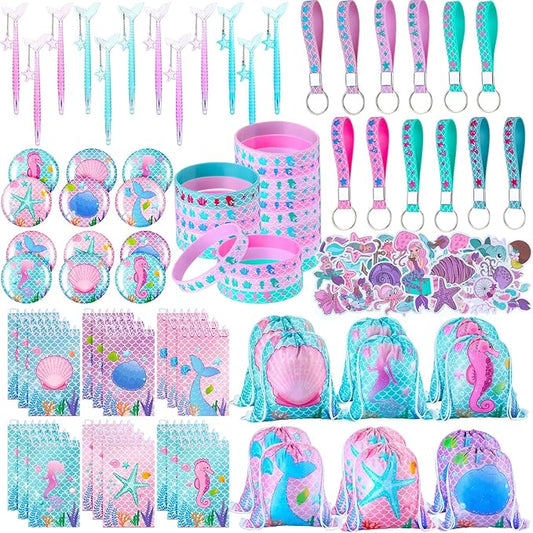 Sherr 140 Pcs Mermaid Party Favors Gift Bags for Girls Birthday Decorate Supplies Include Drawstring Bags Silicone Bracelets Keychains Pens Stickers Notebooks Stuffers (Mermaid)