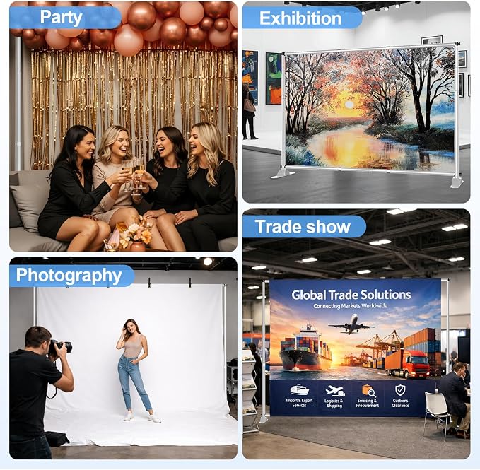 10 x 8FT Backdrop Banner Stand, Heavy Duty Adjustable Photo Background Support Frame Kit, Step and Repeat Stand for Photo Booth, Parties, Exhibition, Trade Show, Wedding - Silver
