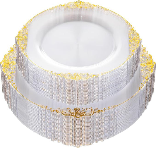 Nervure 100Pcs Clear and Gold Plastic Plates - Heavyweight Gold Disposable Plates - Plastic Plates Include 50Pcs 10.25inch Dinner Plate & 50Pcs 7.5inch Dessert Plate for Wedding & Party