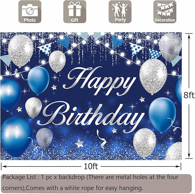 Happy Birthday Backdrop for Men Boys Navy Blue and Silver Birthday Banner Decorations for Women Girls Party Background Supplies Glitter Indoor Outdoor Photo Booth Props Polyester Fabric 10x8ft