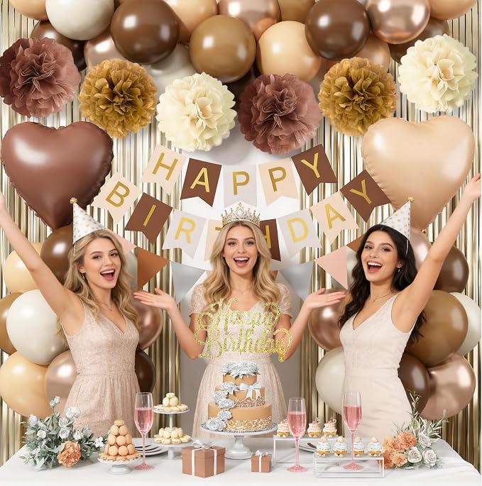 Brown Birthday Decorations, Tan Beige Cream Neutral Boho Balloons Happy Birthday Banner Fringe Curtain Heart Foil Balloons for Women Boys Girls Boho Baby Shower Bachelorette Party Decoration Supplies