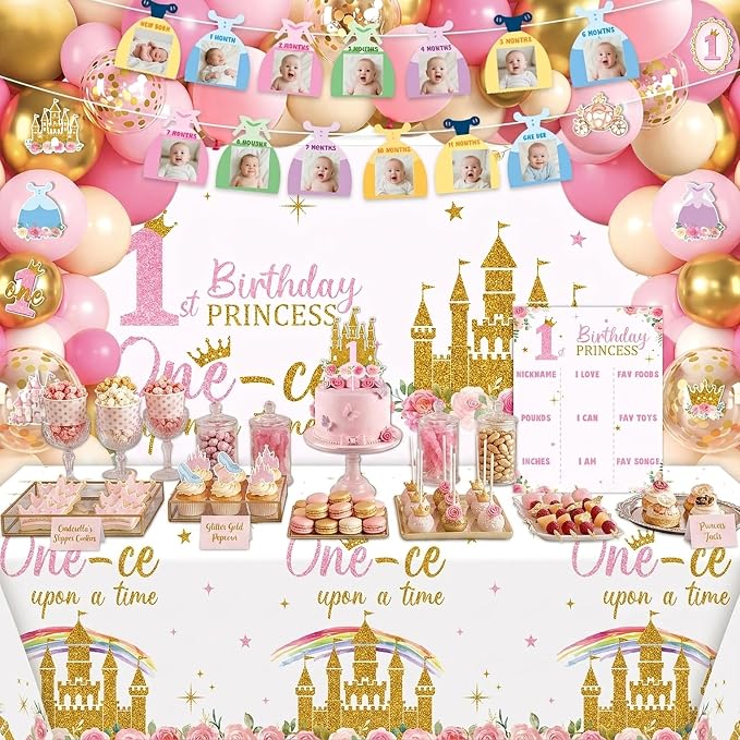 Princess 1st Birthday Decorations for Girls - One-ce Upon A Time First Birthday Baby Shower Decorations for Baby Girls with Birthday Hat Cake Topper Backdrop Tablecloth Banners Arch Balloon Box
