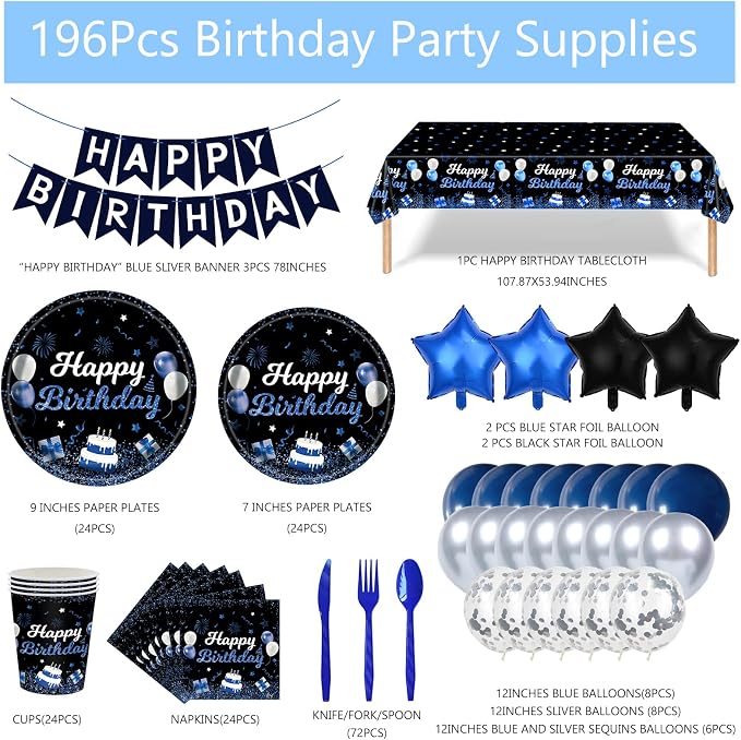 219Pcs Navy Blue Birthday Party Supplies Happy Birthday Party Decorations for Men Boys Blue Plates Napkins Cups Tableware Set Banner Tablecloth Confetti Balloons, Serves 24