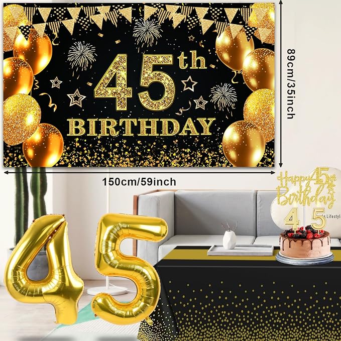 45th Birthday Decorations Men Women with 45th Birthday Banner, Black and Gold Table Cloth, Number Balloons, Large Sash, Cake Topper and Candles