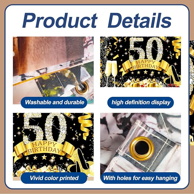 50th Birthday Garage Door Banner Cover 7x16ft Waterproof -Gold Glitter Diamond Backdrop, Luxury Milestone Party Decor for Adults, Anniversary Photo Booth Background