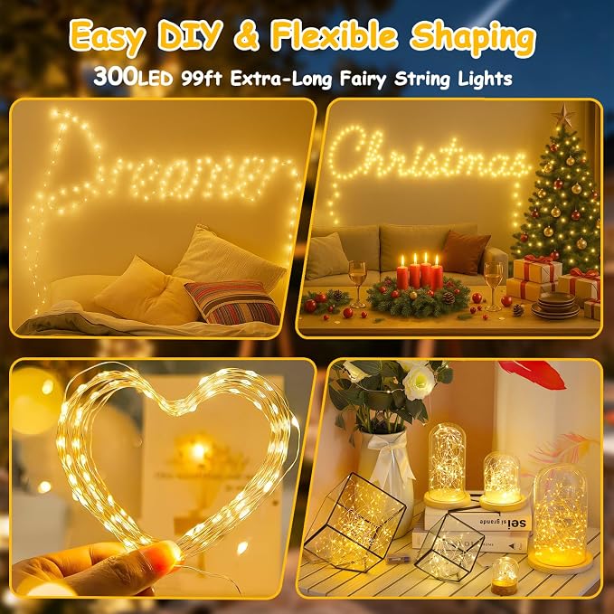300LED Fairy Lights Twinkle String Light Plug in，99ft Bendable Silver Copper Wire Firefly Lights, 12Modes with Timer Remote，Warm White Decor for Indoor Outdoor Room Wedding Party Christmas