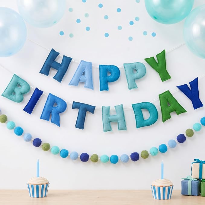 Mindsoft 2 Pcs 9.83ft Pre Strung 3D Happy Birthday Felt Fabric Banner with Ball Garland Reusable Pom Pom Garland for Birthday Party Decorations Sign Photo Prop Boys Girls(Ocean Color)