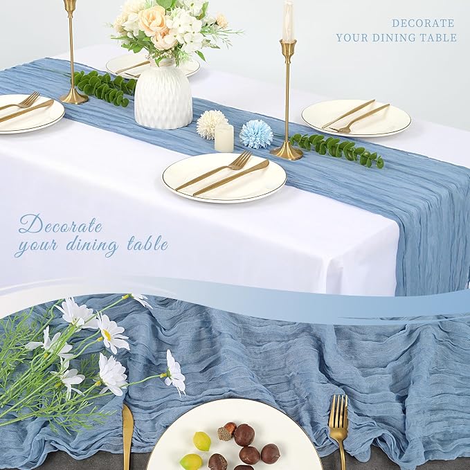 10 Pack Cheesecloth Table Runner 17 x 108 inch Long Boho Gauze Table Runners Semi Sheer Table Runner for Wedding Decor, Baby Shower, Birthday Party, Banquet (Dusty Blue)