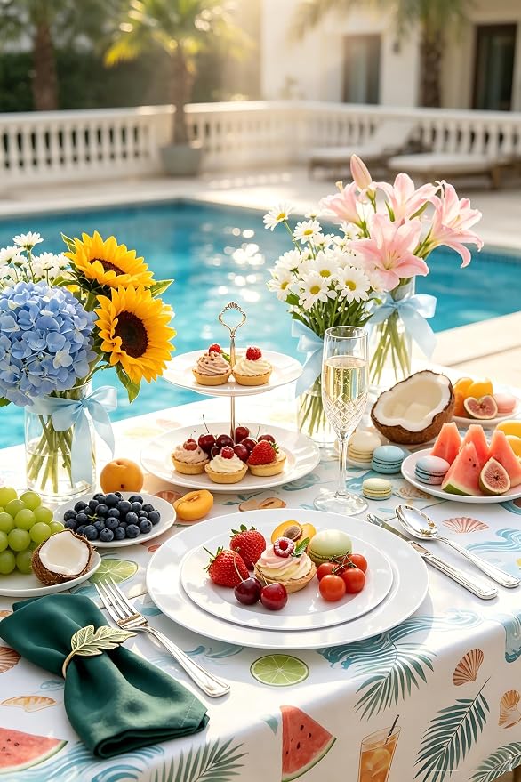 FLOWERCAT 60PCS White Plastic Plates - Heavy Duty White Disposable Plates for 4th of July/Birthday Party/Wedding -serve for 30 guests Include 30PCS 10.25" & 30PCS 7.5" Plates for Summer Party