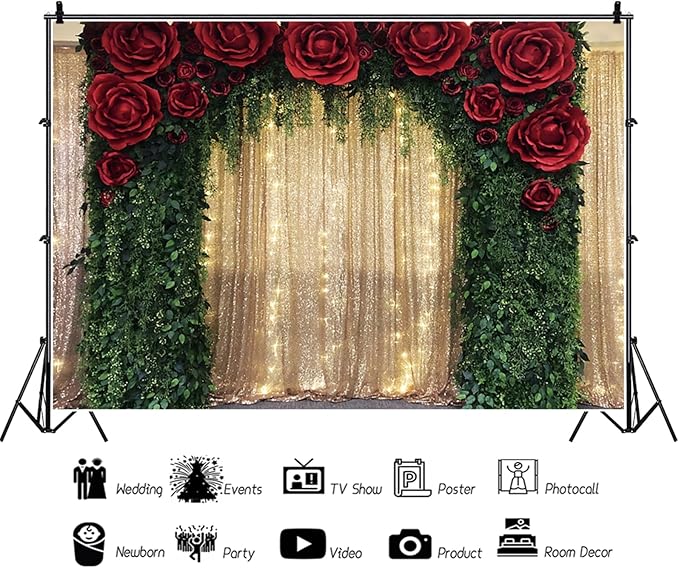 20x10ft Wedding Backdrop Red Rose Flowers Gold Sequin Wall Greenery Leaves Photography Background Bridal Wedding Party Banner Decorations Supplies Photo Booth Props