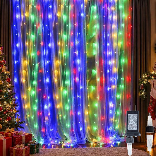 HEYFUNi Fairy Curtain Lights Plug in, 304 LED 9.8FT x 9.8FT 30V Multicolor | 8 Modes Backdrop Window Lights with Memory, Waterfall lights for Bedroom, Home, Wedding, Christmas, Party, Patio, Dorm Decor