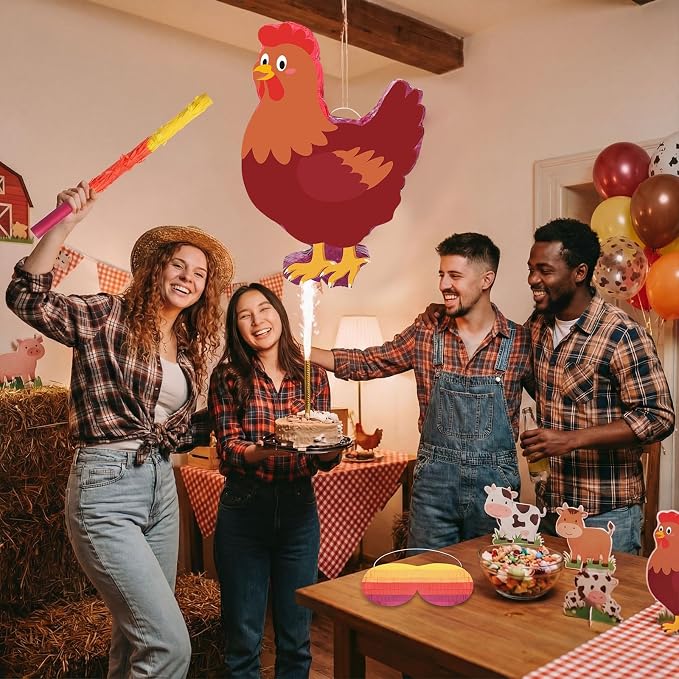 VioraWhite Chicken Birthday Decoration Chicken Piñata Farm Animal Piñata with Blindfold and Bat for Chick Birthday Party Baby Shower Party Decor Supplies Favors