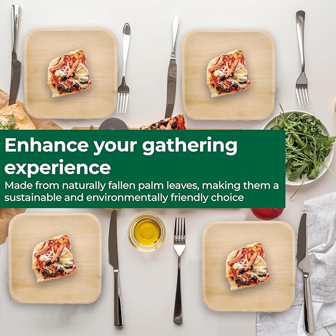 Palm Leaf Disposable Plates - Bamboo Plates Disposable 8 Inch Square (50pc) - 100% Compostable & Biodegradable Plates with Cutlery (50 Forks, 50 Knives) - Heavy-Duty, Party Dinnerware Set