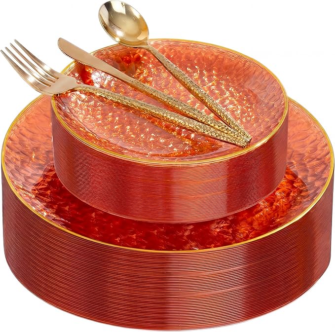 I00000 150Pcs Clear Orange Plastic Plates with Gold Rim,Orange Disposable Plastic Plates,Gold hammer patterned Disposable plates Set include 30 Dinner Plate,30 Dessert Plate,90 Silverware Set
