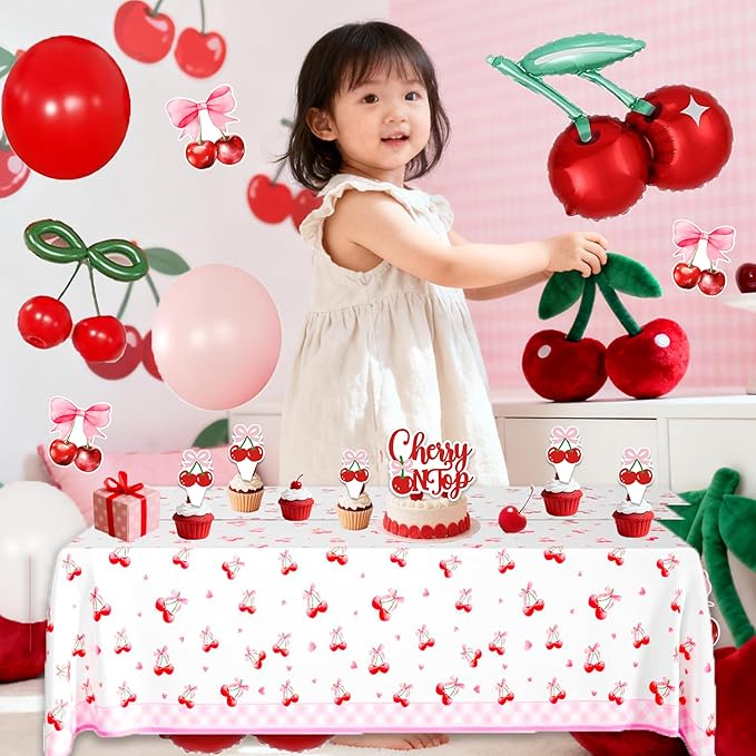 Cherry on Top Baby Shower Decorations for Girl - Red Pink Party Supplies Include Balloon Garland Arch, Backdrop, Tablecloth, 4 Boxes, Foil Balloons - She is the Cherry On Top Decor Gingham Check
