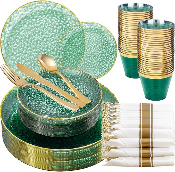 175PCS Green Plastic Plates for 25 Guests, Disposable Plates for Party, Heavy Duty Disposable Plate Set Include: 25 Dinner Plates, 25 Dessert Plates, 25 Cups and Cutlery for Wedding & Party