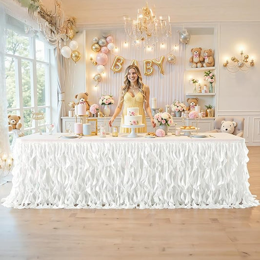 Wish Care 21ft White Sequin Table Skirt for Rectangle Tables Glitter Curly Willow Tutu Skirt Ruffle Table Cloth Desk Skirts for Wedding Birthday Baby Shower Party Banquet Table Skirting Decorations