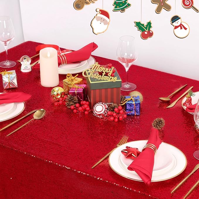 B-COOL Rectangle Sequin Tablecloth Christmas Red Table Cloth 60x102inch Seamless Wedding Red Sequin Fabric Linens Overlay for Mother's Day Valentines Decoration