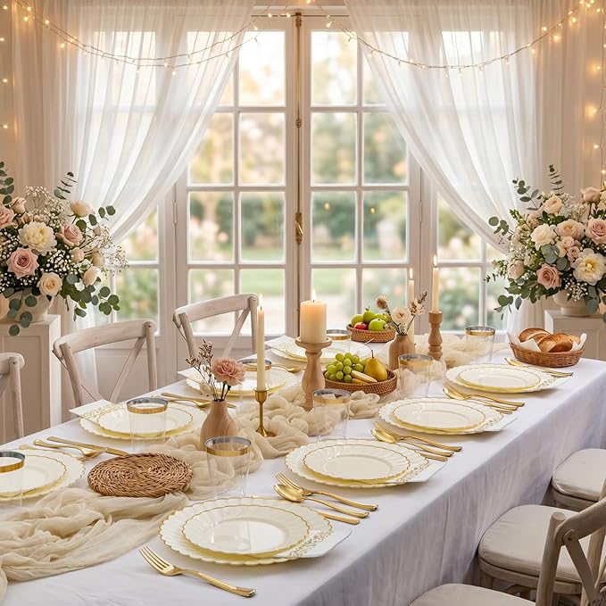 YOUBET 175PCS Ivory Scalloped Plastic Plates - Gold Disposable Dinnerware Set Include 50 Plates, 75 Gold Silverware, 25 Cups, 25 Napkins for Party & Wedding