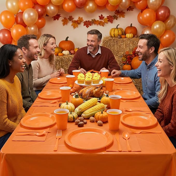 352 Pcs Orange Plastic Plates Party Set, 50 Guests Disposable Dinnerware Set with Orange Tablecloths, Vibrant Orange Plastic Plates Party Set for Birthday/Halloween/Fall Party/Fiesta