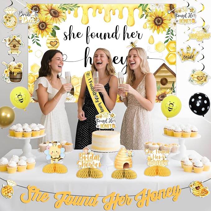Bee Bridal Shower Decorations She Found Her Honey Backdrop Banner Cake Topper Bride to Bee Bridal Shower Decor Hanging Swirl for Bridals Shower, Engagement, Wedding, Bachelorette Party Supplies