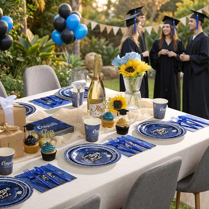 Goodluck Blue 2026 Congrats Grad Disposable Paper Tableware Sets, 175PCS Graduation Party Supplies Includes 9" & 7" Disposable Graduation Paper Plates, 9oz Cups, Napkins & Cutlery for 25 Guests