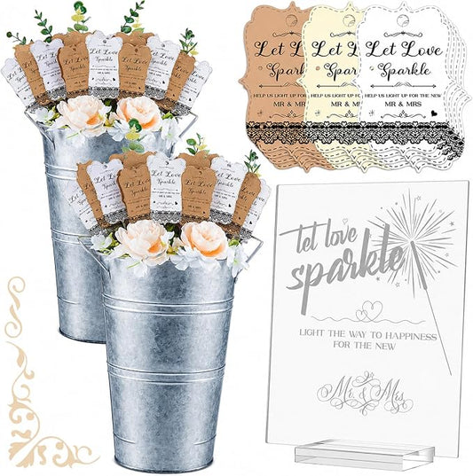 Henoyso 153 Pcs Wedding Send Off Set, 150 Lace Wedding Tags, 2 Pack 12.2 Inch Galvanized Metal Buckets, 1 Acrylic Send Off Sign with Stand for Party Decorations(Silver)