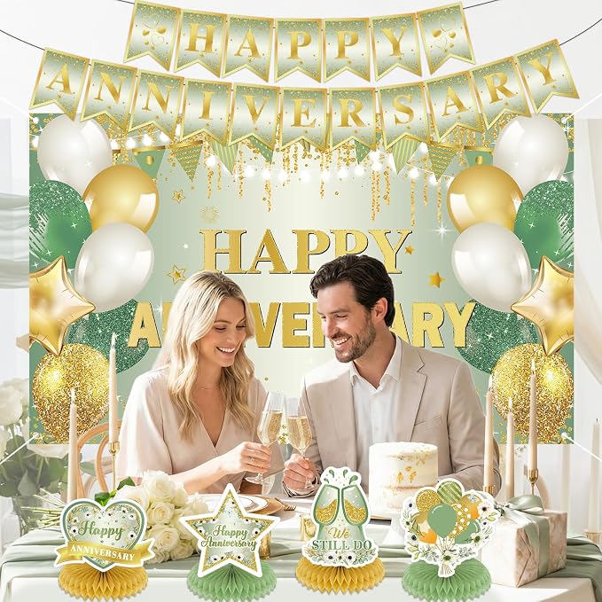 First Wedding Anniversary Decorations, Sage Green Happy Anniversary Banner Anniversary Honeycomb Centerpieces Wedding Party Backdrop for Marriage Celebrations Surprise Events Party Supplies