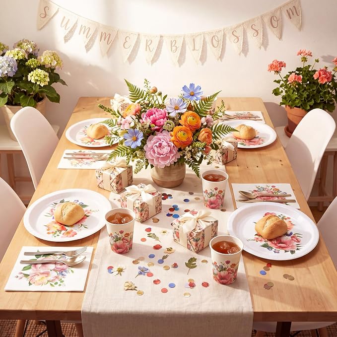 Vesici 150 Pcs Floral Oval Paper Plate and Napkin Set 10'' x 12'' Large Wildflower Tableware Spring Flower Heavy Duty Disposable Plate Napkin Cup for Wedding Birthday Mother's Day Party Supplies Decor