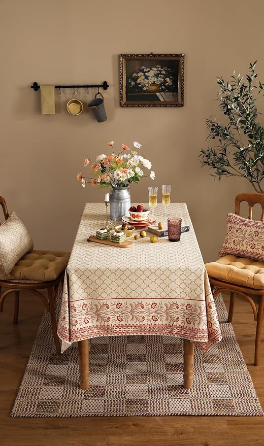 ISAENNE Designer Linen Small Square Tablecloth,55"x55"-Chamonix A | Vintage Elegant Plaid Print Beautiful Heavy Table Cloth,Chinoiserie,Dining Room,Tea Party,Kitchen,Thanksgiving,Decor