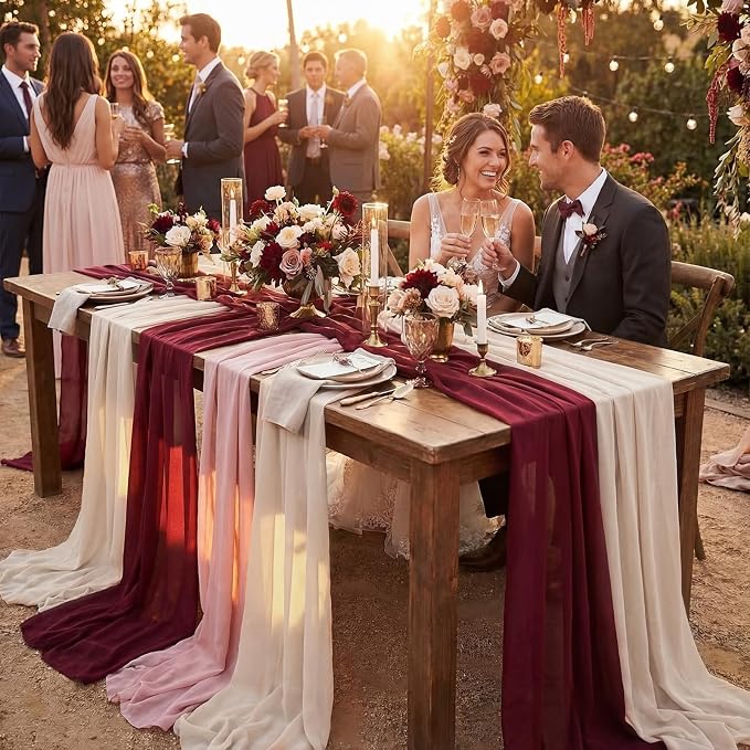 Boao 6 Pcs Burgundy Party Decorations Table Runner Cloth 10Ft Boho Sheer Rustic Fabric for Wedding Birthday Party Baby Bridal Shower Graduation Dawn Sunset Decor