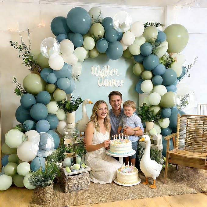 Blue Green Balloon Arch Kit Double Stuffed Dusty Mint Green Slate Blue White Pastel Olive Balloon Garland with Clear Bobo for Baby Shower Bridal Wedding Birthday Goose Easter Valentines Party Decor