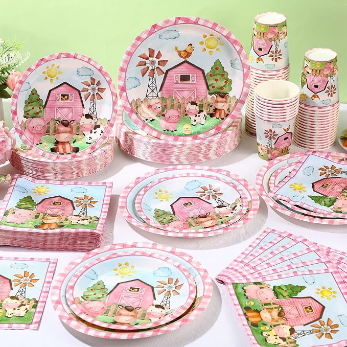 Funnymoom 250 Pcs Farm Animals Themed Party Decorations Barn Animal Paper Plates Cups and Napkins Disposable Pink Barnyard Farm Tableware Set for Birthday Baby Shower Party Supplies, Serves 50