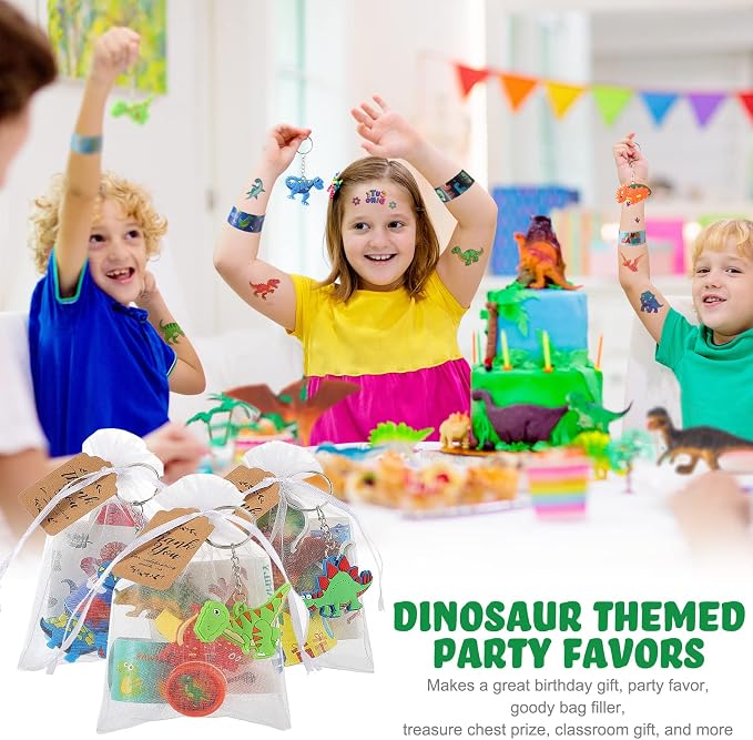 Hungdao 178 Pcs Dinosaur Birthday Party Favors for 16 Kids with Dinosaur Keychain Sticker Stamp Ring Slap Bracelet Tattoo Sticker Gift Bag Tag for Boys and Girls Party Carnival Gift Fillers
