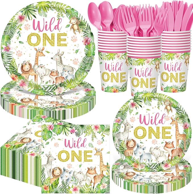 Funnymoom 400 Pcs Wild One Birthday Party Supplies for 50 Guests 1st First Safari Jungle Baby Shower Disposable Plate Napkin Cup Spoon Fork Knives for Girls Animal Party Decoration