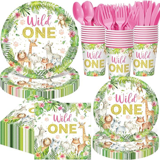 Funnymoom 400 Pcs Wild One Birthday Party Supplies for 50 Guests 1st First Safari Jungle Baby Shower Disposable Plate Napkin Cup Spoon Fork Knives for Girls Animal Party Decoration