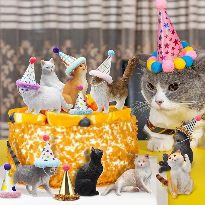 Colingmill 18 Pcs Cat Birthday Party Decorations Mini Birthday Hat Animal Figure Model Cake Toppers with Mini Hat for Birthday Party, Animals Themed Party