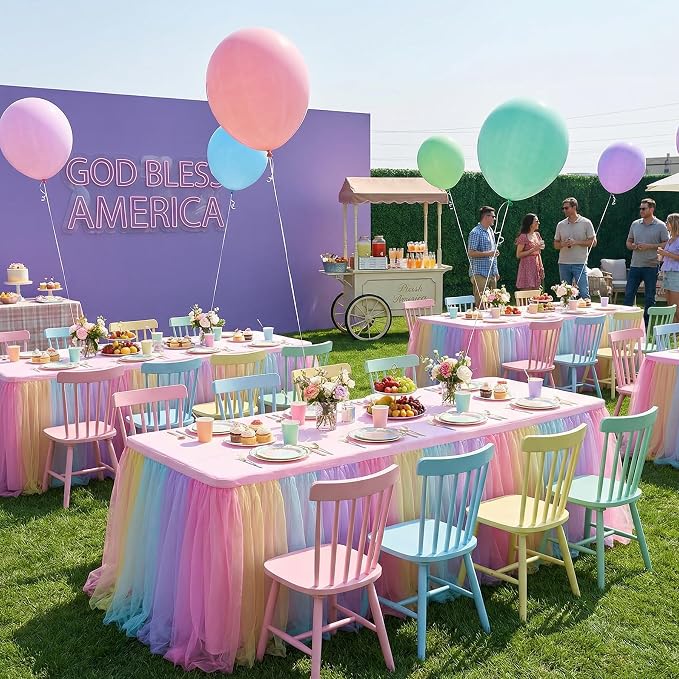 6 pk 6ft Rainbow Tulle Tablecloth for Rectangle Tables, 2-in-1 Pastel Color Table Covers with Tulle Skirt,Wrinkle Free Stretchy Ruffle Tulle Table Cloths Fitted for Wedding Party Banquet Vendor
