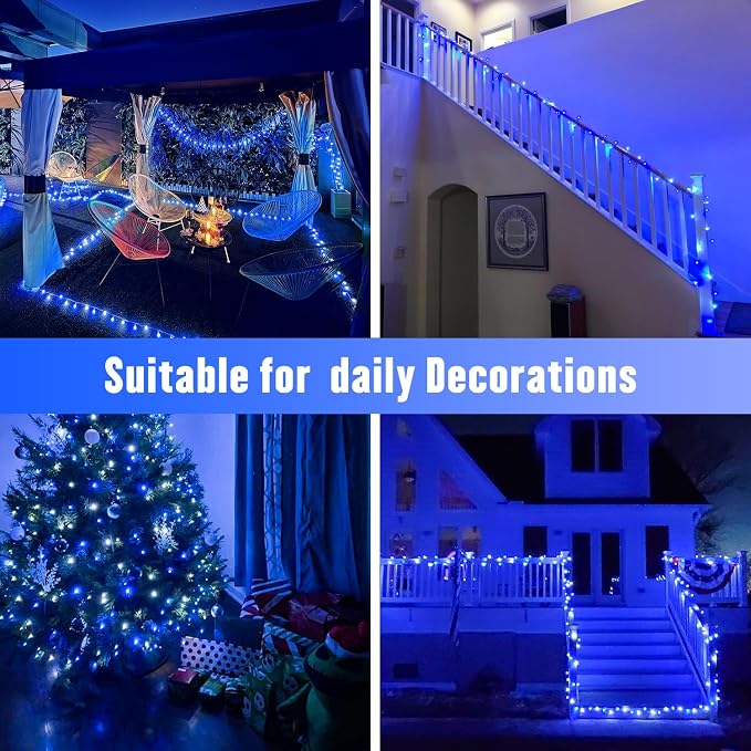 JMEXSUSS 250 LED Blue & White Christmas Lights, 91.5ft String Light Plug in | Christmas Tree Lights, Extendable, Green Wire, Waterproof, 8 Modes, Indoor/Outdoor, Porch Garden Patio Rail Christmas Decor