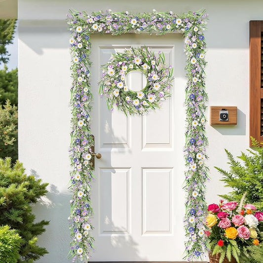 6ft Summer Daisy Garland with Flowers, Faux Daisy and Lavender Flower Garland Artificial with Floral Lanvender for Baby Shower Wedding Mantle Fireplace Table Centerpiece Decor