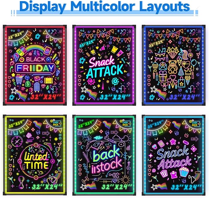 Hosim 32"x24" LED Message Writing Board, Neon Sign for Business & Restaurants, Illuminated Erasable Menu Board, 8 Colors Markers & 16 Lighting Colors, Flashing Light Up Display for Bar, Party, Wedding