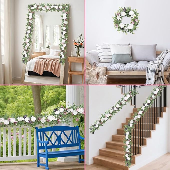 2Pcs 5.9 Ft Artificial Rose Vine Fake Flower Garland White Rose Hydrangea Vines with 3D Butterflies Hanging Floral Eucalyptus Garland for Wedding Party Background Arch Table Wall Home Decor