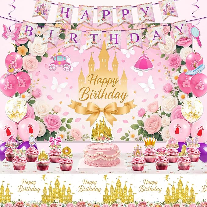 Princess Castle Birthday Party Decorations Set for Girls 3-14 Yrs, with Banner, Backdrop, Balloons, Cake Topper, Cupcake Toppers, Tablecloth, Quick and Easy Setup