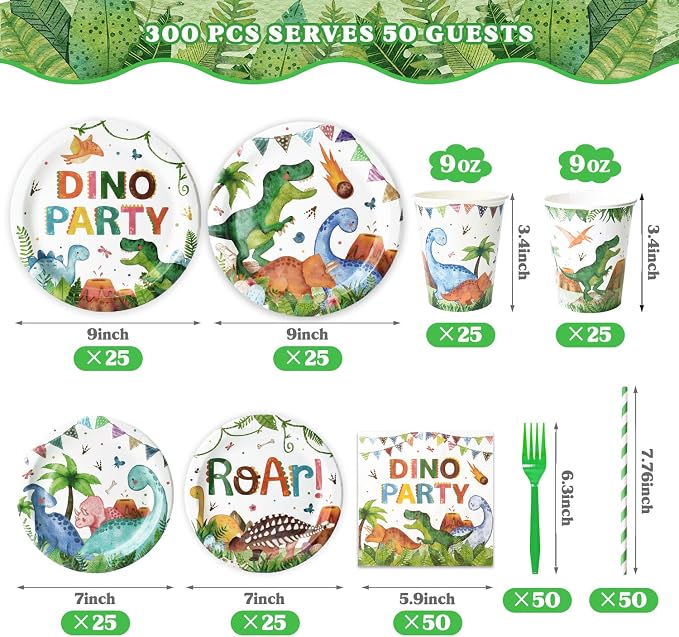 300 Pcs Dinosaur Plates and Napkins (Serves 50 Guests), Dinosaur Birthday Party Supplies Include Forks Cups Straws Tableware Set for Kids Party Decorations