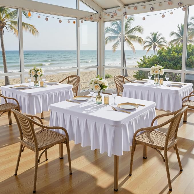 2 Pack White Spandex Tablecloths for 48x48 Inch Square Tables, Stretch Fitted Table Clothes with Pleated Ruffle Skirt for 48” Table, Wrinkle Free and Elastic, for Party Kitchen Home Dining Outdoor