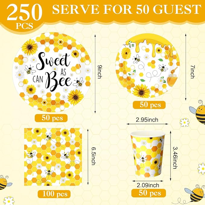 Funnymoom 250 Pcs Bee Party Decoration Sweet as Can Bee Paper Plates Napkins and Cups Baby Shower Party Tableware Set for Honey Gender Reveal Birthday Decorations, Serves 50